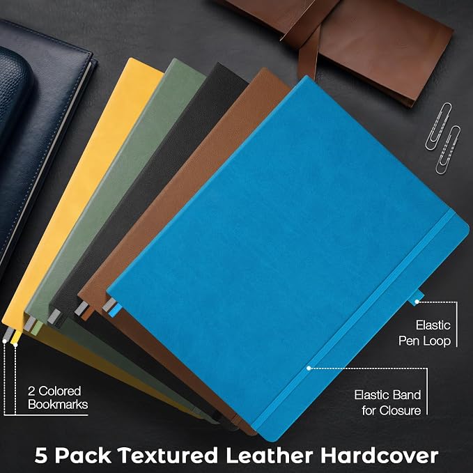 College Ruled Notebook, Large A4 Hardcover Leather Journal for Women Men | 5 Pack Lined Journal Notebook for Work School, No Bleed Thick Paper, Lay Flat, 8.5" x 11", Professional Business Notebook