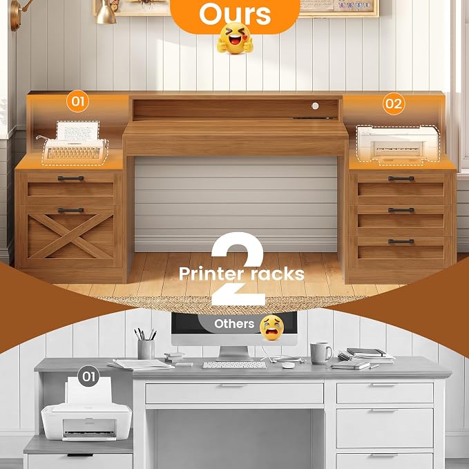 SEDETA 63" Farmhouse Computer Desk with 5 Drawers, Brown | Executive Office Desk with LED Lights & Monitor Stand, Wood Home Office Desk with 2 Printer Stand & Power Outlet