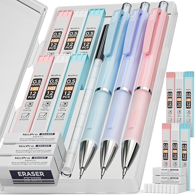 Nicpro 3PCS Pastel Mechanical Pencil Set, 0.5 Mechanical Pencils with 6 Tube HB Lead 0.5mm, 3 Eraser and 9 Eraser Refill & Case, Aesthetic School Supplies for Drafting Sketching, Drawing & Writing