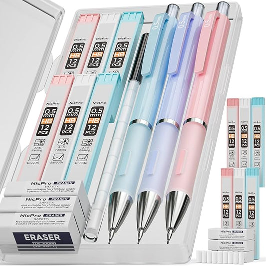 Nicpro 3PCS Pastel Mechanical Pencil Set, 0.5 Mechanical Pencils with 6 Tube HB Lead 0.5mm, 3 Eraser and 9 Eraser Refill & Case, Aesthetic School Supplies for Drafting Sketching, Drawing & Writing