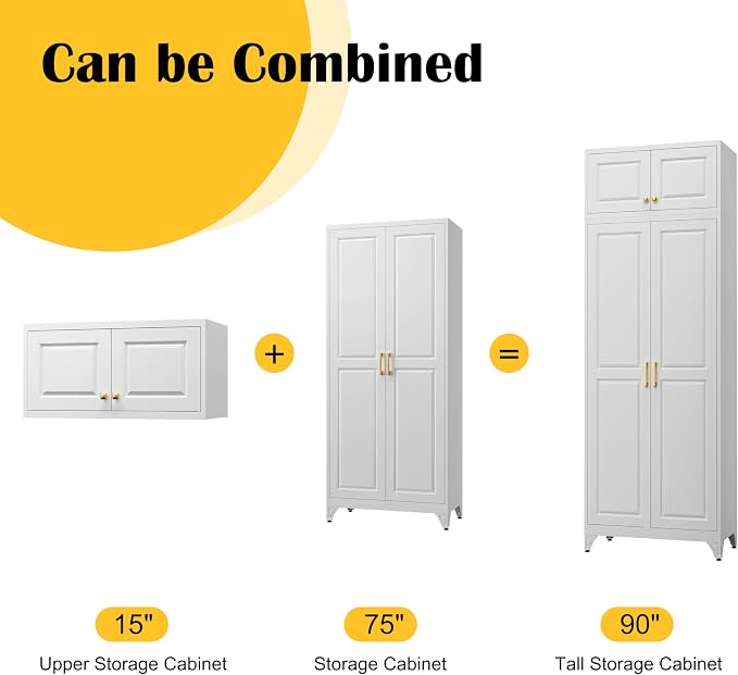 SteeLoong 90”Metal Pantry Storage Cabinet with Doors & 4 Adjustable Shelves | Kitchen Pantry Cabinet,White Kitchen Cabinet with 4 Gold Handles,Tall Cabinet for Livingroom,Pantry, Bathroom,Kitchen,Garage