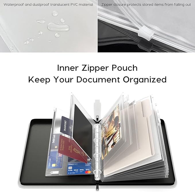 Important Document Organizer Zipper Binder, Fireproof Document Bag for Birth Certificate Protector, Waterproof Bill Organizer in Case I Go Missing Binder for Home Safe, 4 Ring Receipt Holder(Sliver)