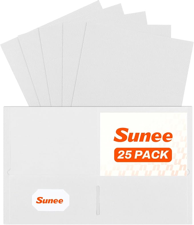 SUNEE Folders with Pockets (25 Pack, White), 2 Pocket Folders Fit Letter Size Paper, Paper File Folder for School Office Home Bussiness