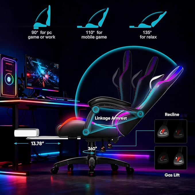 Gaming Chair, RGB LED Lights Computer Chair with Footrest, Lumbar Support Massager Gamer Chair, High Back, 90-135° Reclining, Linkage Armrests, White