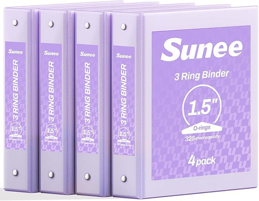 SUNEE 1.5 Inch Binders 3 Ring 4 Pack, Clear View 1 1/2 Inch Binders Three Ring PVC-Free (Fit 8.5x11 Inches) for School or Office Supplies, Purple