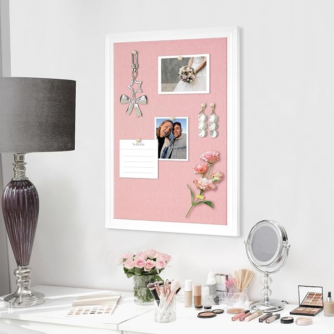 DOLLAR BOSS Bulletin Boards with Linen, 36"x24" Pink Cork Board, White | Corkboards for Walls, Framed Pin Board, Picture Display Vision Board, For Office Home School Girls Dorm Decor, 10 Pushpins