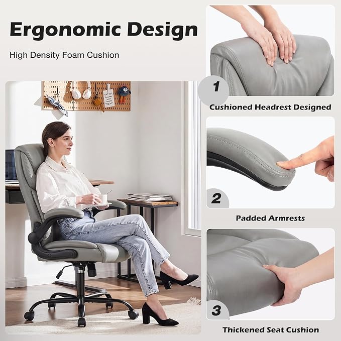DUMOS Office Chair, Leather Ergonomic Chair Lumbar Support, Grey | Ergonomic Executive Computer Desk, Flip-up Armrest Swivel Task, Strong Metal Base, Modern Comfy