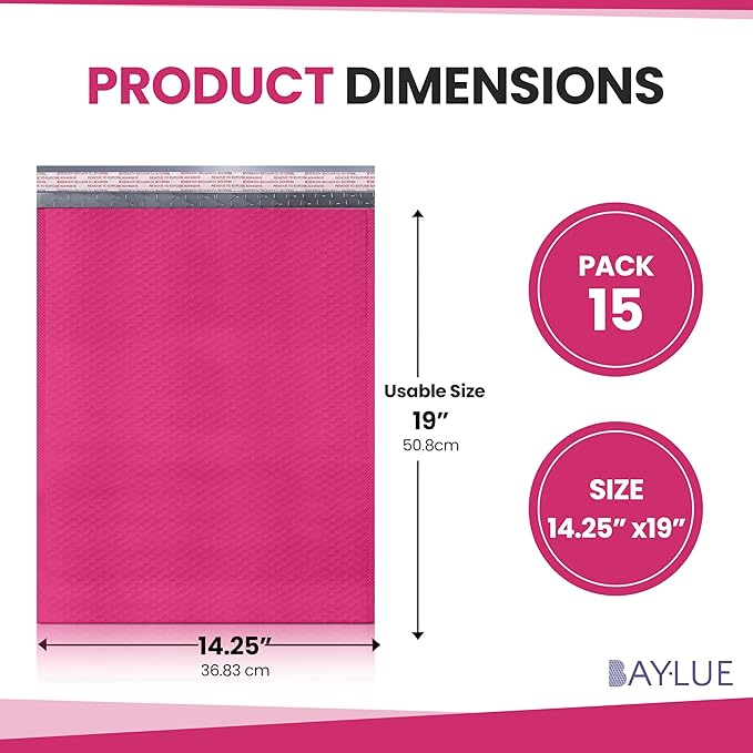 Hot Pink Poly Bubble Mailers 14.50x20 Inch #7 | Self Seal Large Padded Envelopes | Air Cushioned Bubble Mailer | Usable Size 14.25x19 Inch | Waterproof Lightweight Mailing Shipping Bags | 15 Pack