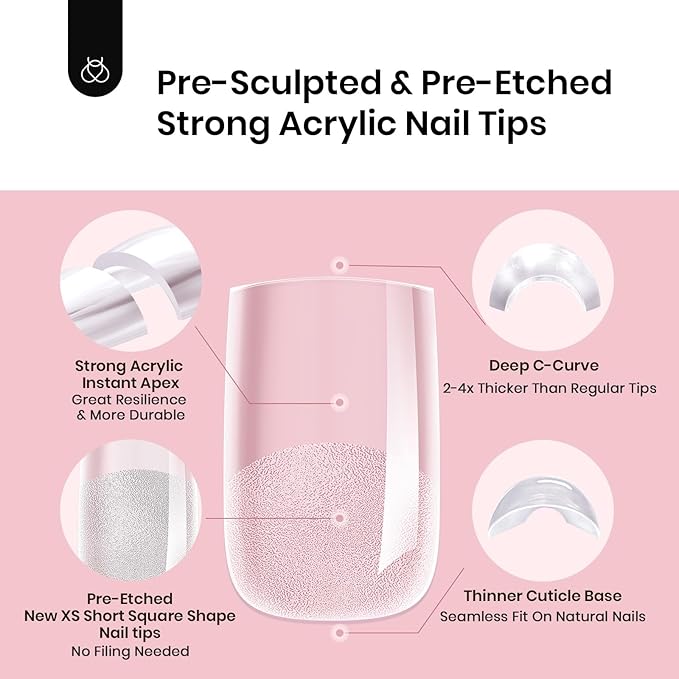 Beetles Tipex Instant Apex Nail Tips, XS Short Square, 16 Sizes |00–14, 192pcs, Built-In Apex, No Builder Gel Required, Thicker Strong Acrylic Tips for DIY Nail Extensions