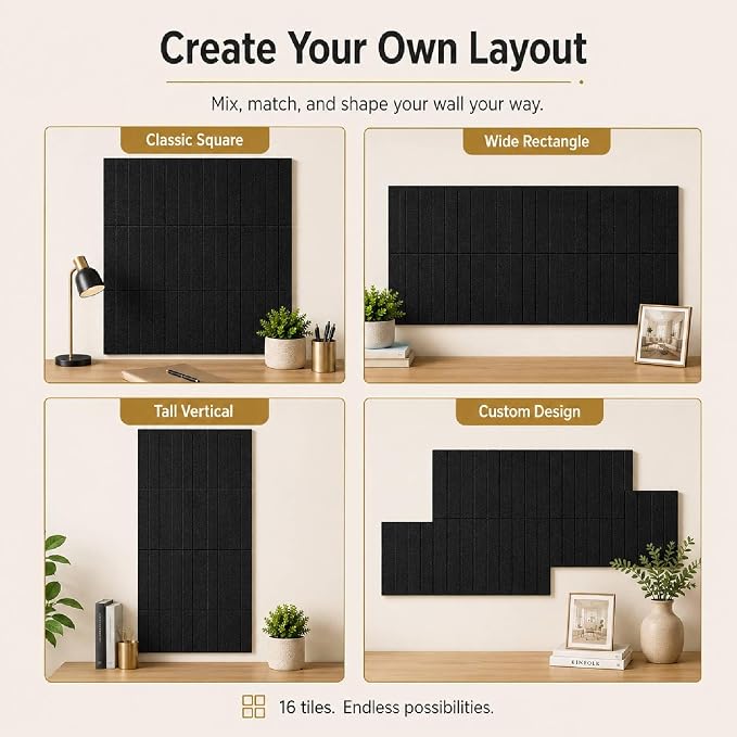 48"x48" Large Felt Bulletin Board Tiles for Wall, 16 Pack, Black | with Pushpins & Adhesive Tabs, No-Drill Installation, for Home or Office Wall Decoration and Protection, Freely DIY Projects
