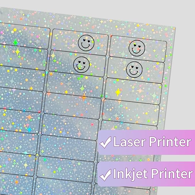 1" x 2-5/8" Address Labels - Holographic Shipping Labels Mailing Stickers for Laser/Inkjet Printer 8.5"×11"- Self-Adhesive Waterproof- Star, Rainbow, Dots, Transparent- 20 Sheets