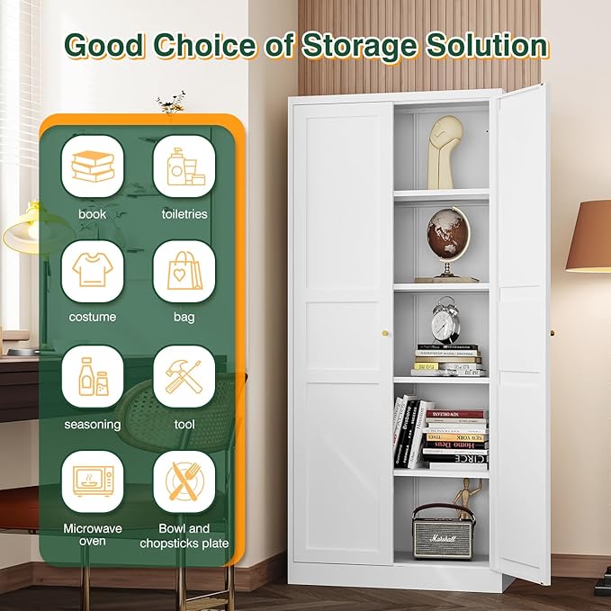 Letaya White Storage Cabinet with Adjustable Shelves-Metal Home Kitchen Pantry Cabinets with Doors,Organization Locker for Cupboard/Bedroom/Dining/Living/Bathroom/Office/Garage Room