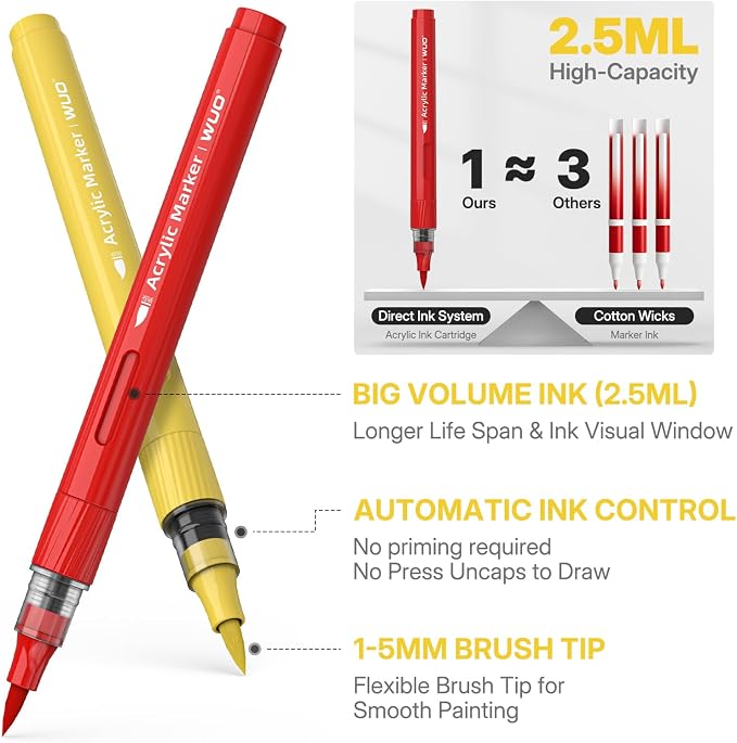 WUO 84 Colors Acrylic Paint Markers Brush Tip with Automatic Ink Control | Water-based, no-bleed, waterproof acrylic paint pens for rock, wood, canvas, glass, ceramic, fabric and DIY crafts