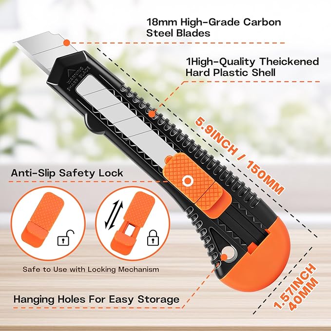 6-Pack Utility Knife Retractable, Retractable Box Cutter for Boxes, Cardboard and Cartons, 18mm Sharp Blade for Office and Home use