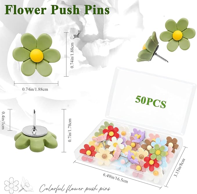 Flower Push Pins - 50 Pcs Cute Decorative Colorful Floral Thumb Tacks for Cork Board Wall Bulletin Board Travel Map Photo Home Office Supplies Accessories