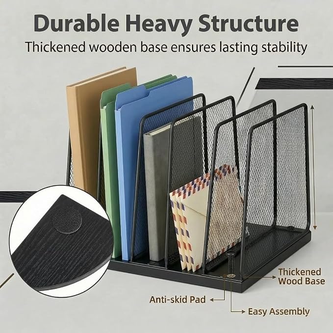 5-Section Vertical File Organizer for Desk, Sturdy Wood Base & Metal Mesh Desktop File Holder, Upright Paper Folder Sorter for Office Supplies（Black）