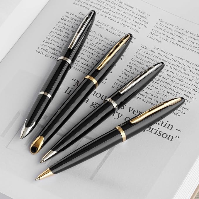 Waterman Carène Black Sea Fountain Pen | High-Gloss Black & 23k Gold Clip | Fine Nib with Blue Ink Cartridge | Gift Box