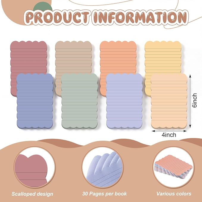 Eaasty 8 Pack Scalloped Sticky Notes Lined 4" X 6" Morandii Memo Pads | Aesthetic Cute Wavy Edges, Self-stick for School Office Desk, 240 Sheets Bulk, Pretty Design for Reminders Planning