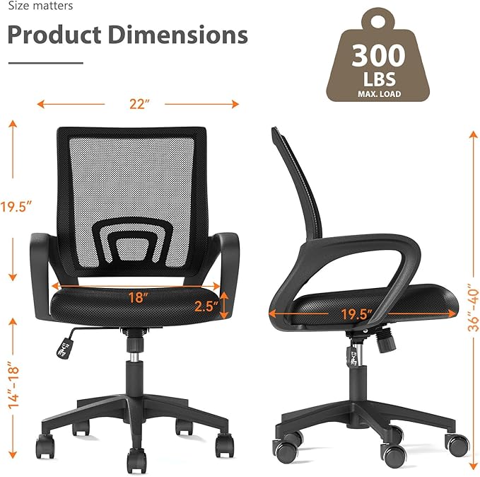 Home Office Chair, Ergonomic Mid-Back Mesh Desk Chair with Lumbar Support, Adjustable Swivel Rolling Design, Comfy Armrest for Work, Study, Gaming, Vanity, Black