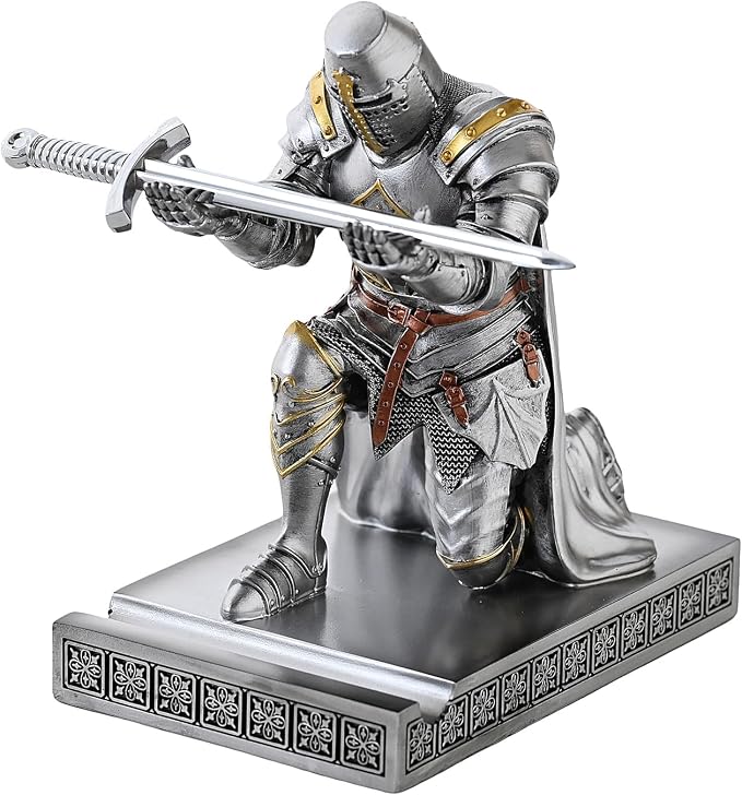 Medieval Templar Vanguard Officer Knight Pen Holder Desk Organizers Silver | Pencil Stand Paperweight Desktop Decoration Accessories Cell Phone Stand with a Fancy Sword for Medieval Warrior Enthusiast