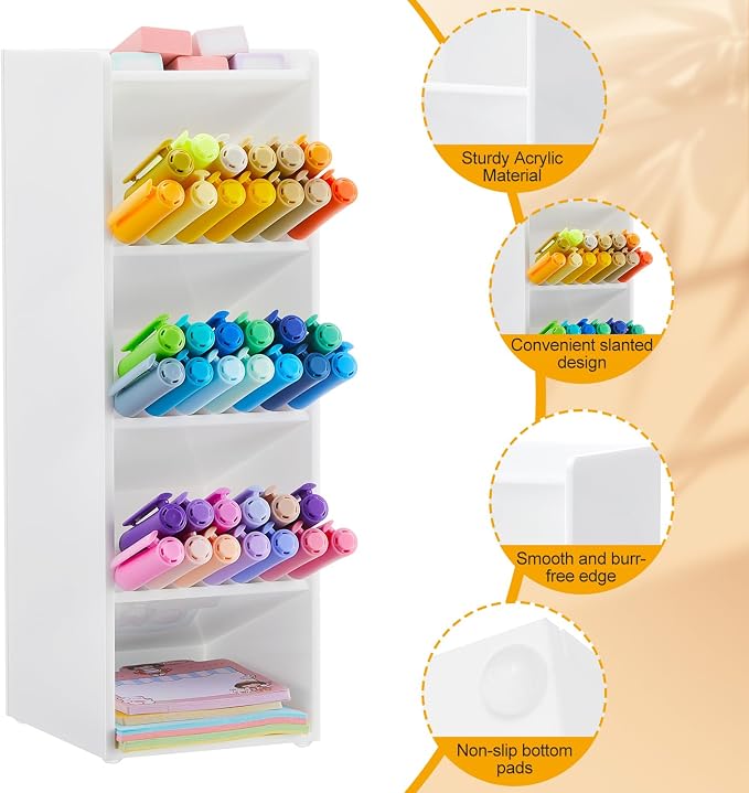 MotiMind Acrylic Pen Organizer Storage for 50 Markers Vertical Marker Organizer Acrylic Pen Display Holder for Office Desk Desktop Stationery Pencil Storage, White, 3.4 x 4 x 10.2 Inch