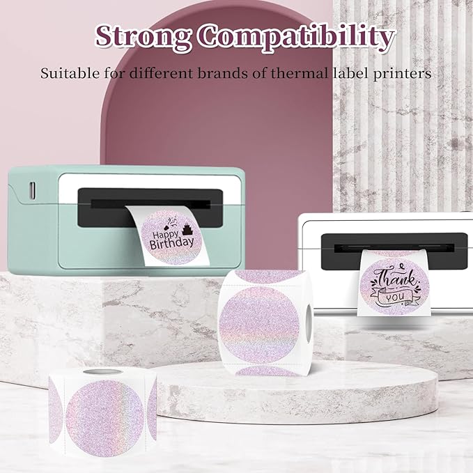 2 Inch Holographic Thermal Labels,Pink Round Thermal Printer Labels,Printable Round Thermal Printer Labels Self-Adhesive Direct Thermal Label(300 Labels/Roll Pink)