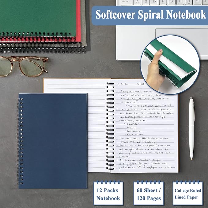12Pack Small Spiral Notebook, 5.5 x 8.3” Notebook for Work 120Page Notepads | Colored Multipack College Ruled Notebooks A5 Kraft Spiral Bound Small Notebook Journal Lined Note Pads for Writing Journaling