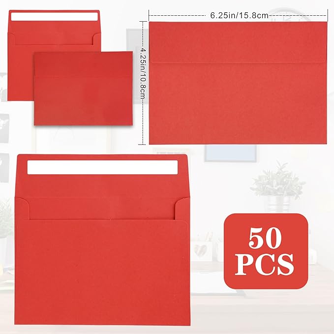 50Packs A4 Red Envelopes4x 6 Inch Card Envelopes,Self Seal for Weddings, Greeting Cards，Mailing， Invitations, Photos, Postcards