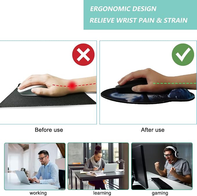 Mouse Pad with Wrist Support, Ergonomic Mouse Pad with Memory Foam Wrist Rest Cushion, Non-Slip Rubber Base Gaming Mice Pad for Home Office Computer Laptop, Moonlit Night