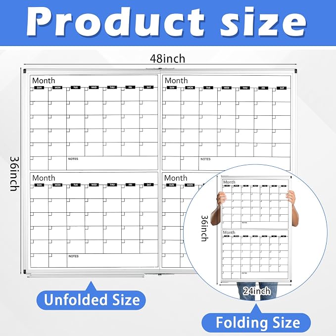 Large 48" x 36" Magnetic 4 Month Dry Erase Calendar White Board Foldable Whiteboard Calendar for Wall Mounted 2 in 1 Double Side Whiteboard with Dry Erase Board for Wall Office Home