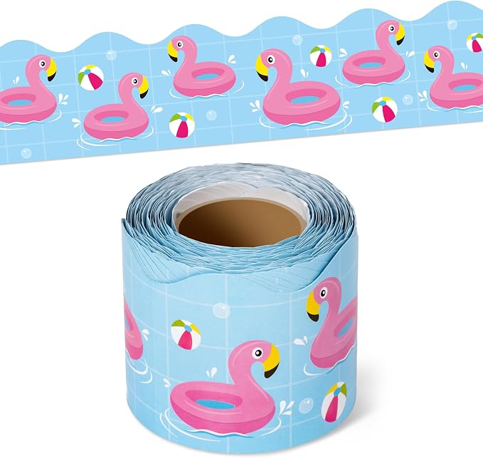 BeYumi Summer Flamingo Border Trim - 65ft Back to School Pool Rolled Border | Tropical Flamingo Beach Swimming Pool Bulletin Board Set School Classroom Office Chalkboard Home Party Holiday Decoration