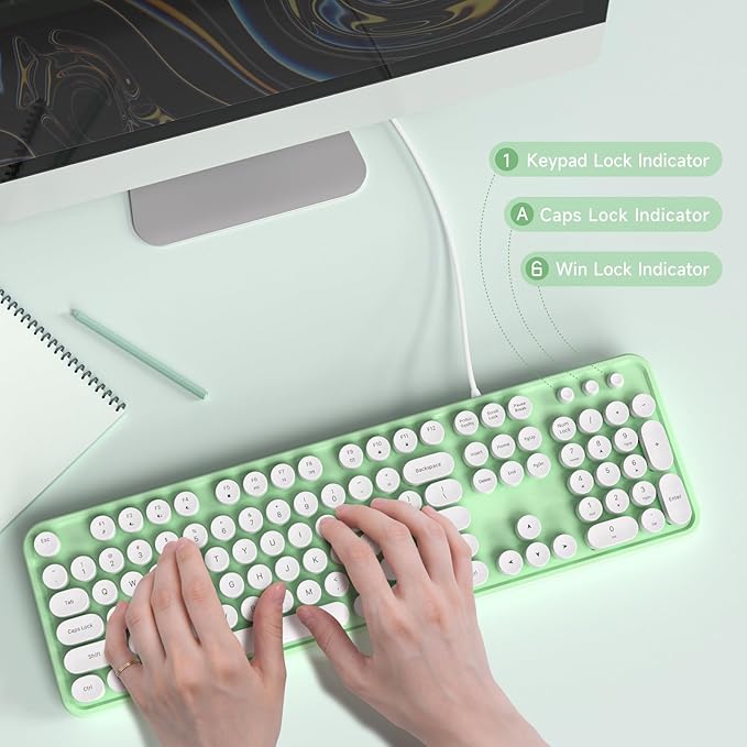 Computer Keyboard Wired, Plug and Play USB Retro Round Typewriter Keyboard, Full Size Wired Keyboard with Foldable Stands for Laptop and Office PC