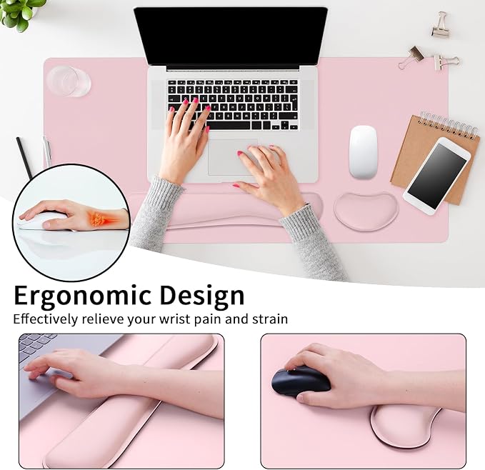 Desk Mat Set， Wrist Rest for Computer Keyboard, 3-in-1 Large Mouse Pad and Keyboard Wrist Rest Set, Non-Slip Desk Mat Protector for Office, Home(27.5×13.8 Inches, Pink)