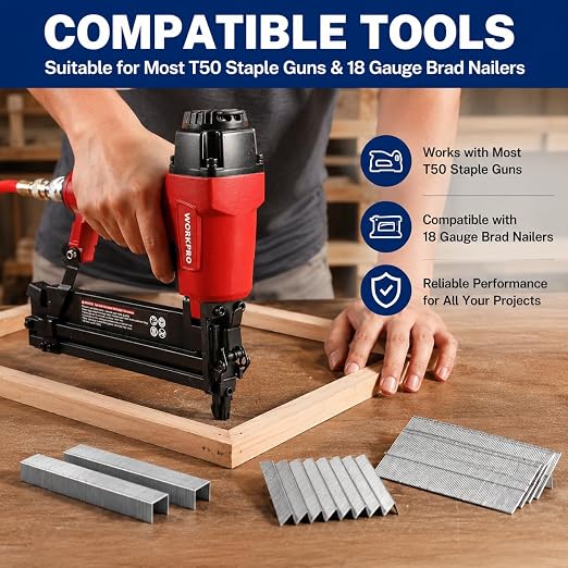 WORKPRO 7500Count Heavy Duty 1/2 3/8-In T50 Staples & 5/8-In 18G Brad Nails | Galvanized Standard Staples for Staple Gun,18 Gauge Brad Nails for Electric Brad Nailer, for Upholstery, Furniture, Crafts
