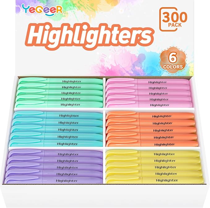 YEGEER Highlighters Bulk, Chisel Tip Dry-Quickly Highlighter Markers, 300 Count-6 Assorted Colors Highlighters Bulk Pack for Adult Kids, Office Classroom Must Have, School Supplies for Teachers (300)