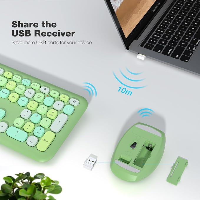 MOFII Wireless Keyboard and Mouse Combo, Colorful Full Size Keyboard with Number Pad, Silent Cute Wireless Mouse, 2.4GHz Dropout-Free Connection, for PC Laptop Computer (Green Color)
