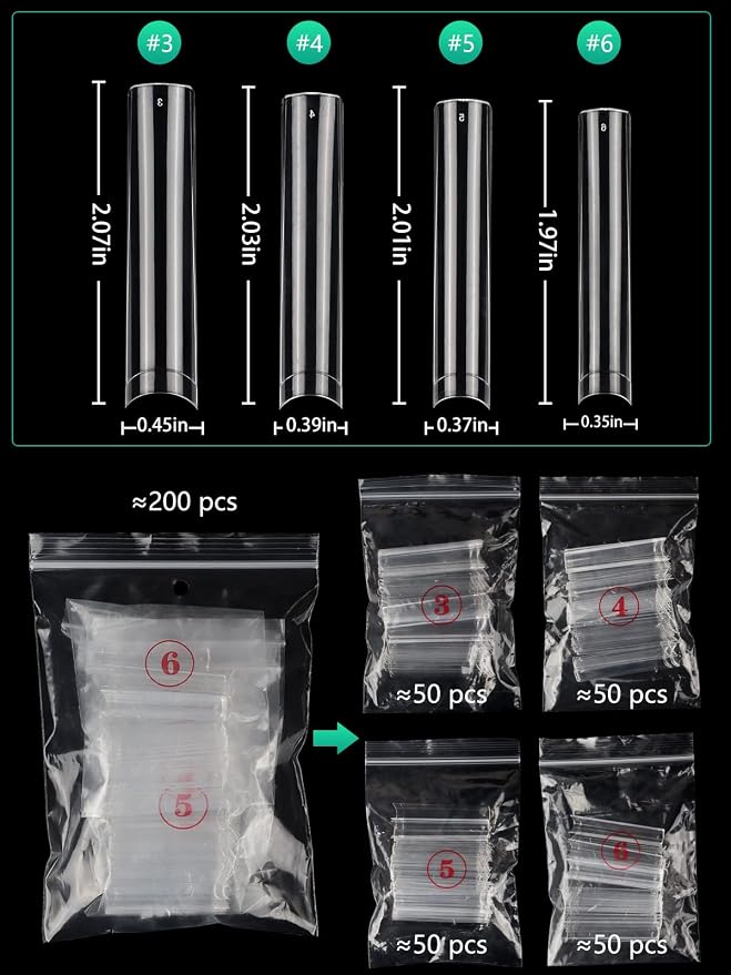 LIONVISON 3XL Square Nail Tips: Individual Size 3 4 5 6 Nail Tips | 200PCS No C Curve XXXL Extra Long - Half Cover Straight Tapered Square Nails Tip 4 Mostly Used Sizes for Home DIY
