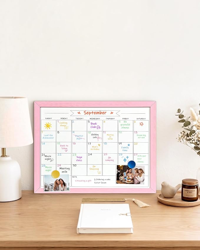 TORASO Dry Erase Monthly Calendar Board, Magnetic Whiteboard for Wall, Office/School/Home, Solid Wood Pink Frame Hanging Board 13"x 17"(YL-Pink-3343-B)