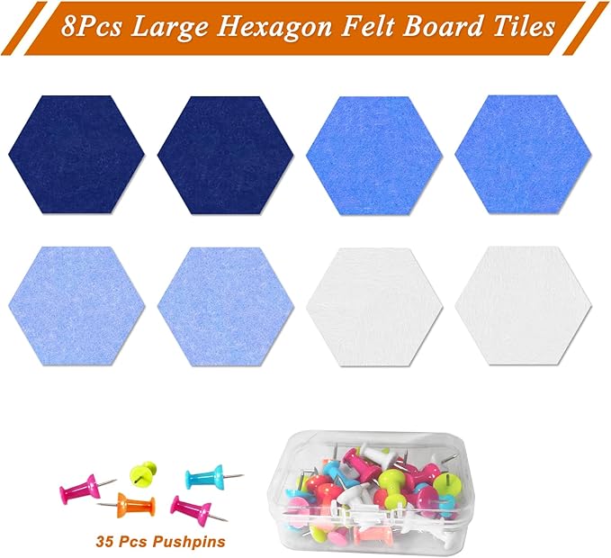 Large Hexagon Felt Cork Board Tiles, Self Adhesive DIY Felt Bulletin Board Pin Board with 35 Pushpins for Office School Home Wall Decor Stickers Memos Photos Display(Gradual Blue)