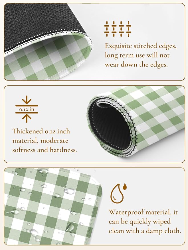 Square Cute Checkered Mouse Pad with Stitched Edge, Premium Waterproof Cloth Aesthetic Small Plaid Mouse Mat, Non-Slip Rubber Base Funny Mousepad Desk Accessories,Green White