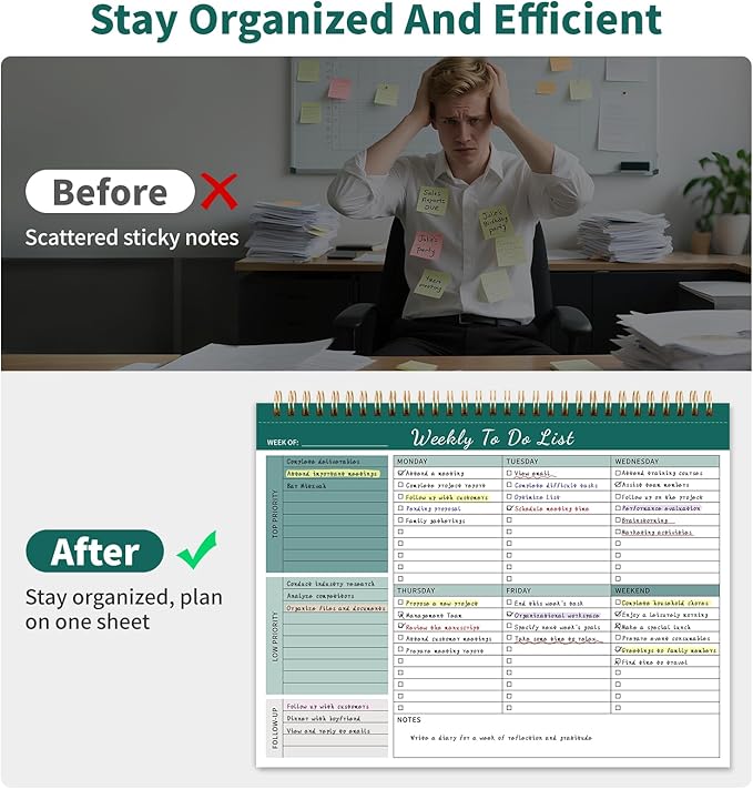 104 Pgs Weekly To Do List Notepad 52 Duplex-Printed Undated Sheets 100 GSM | （8.5"×11") Weekly Desk Planner For Work Home School Office Desk Accessories Supplies & Goal Setting Tasks - Green