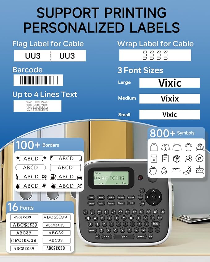 Vixic Label Maker Waterproof-Labels, D210S Label Maker Machine with Tapes | Portable Labelmaker with Keyboard Powered by Type-C, Handheld Labeler Machine for Home Office Kids School Items Organization