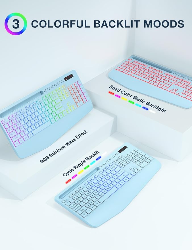 Wireless Keyboard and Mouse Combo, 9 Backlit Effects, RGB, 2.4GHz | Ergonomic Wrist Rest, Phone Holder, Rechargeable, Full Size, KM22 MAX Silent Set for Computer, Laptop, Mac, Windows (Blue)