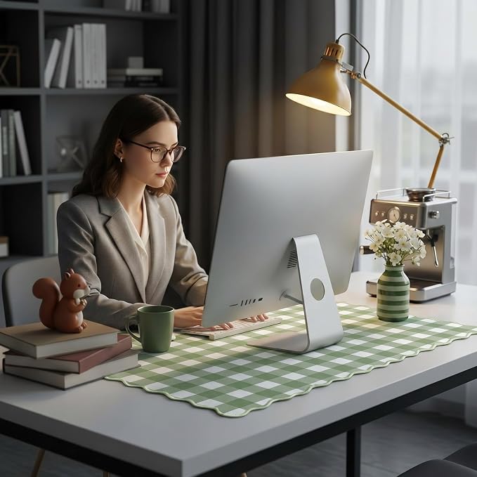 1 Pcs Scalloped Green Gingham Desk Mat 31.5 x 11.8 Inch Large Cute Mouse Pad Computer Mat Non Slip Waterproof Rubber Base with Border Stitching Soft Keyboard Pad for Home Office Gaming Makeup
