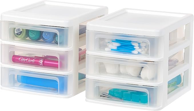 IRIS USA 2-Pack, 3-Drawer Small Plastic Stacking Desktop Organizer, White | Keep dorm desks tidy with drawers for school supplies, makeup, chargers, snacks and everyday college essentials