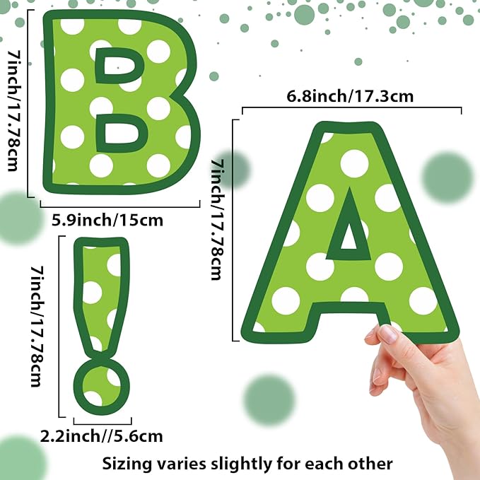 Qyeahkj 150 PCS Large 7" Font Bulletin Board Letters Punctuation Cutouts Combo Green Letters with White Polka Dots Border Decor for Classroom Alphabet Poster Wall Bulletin Board Display Home School