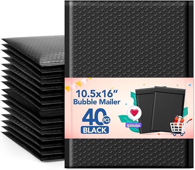 GSSUSA Large Bubble Mailers10.5x16 Padded Envelopes 40 Pack Black Padded Mailers Usable Size 10.5x15" Self-Seal Bubble Envelopes for Small Bubble Mailer,Packaging for Clothes,Magazines