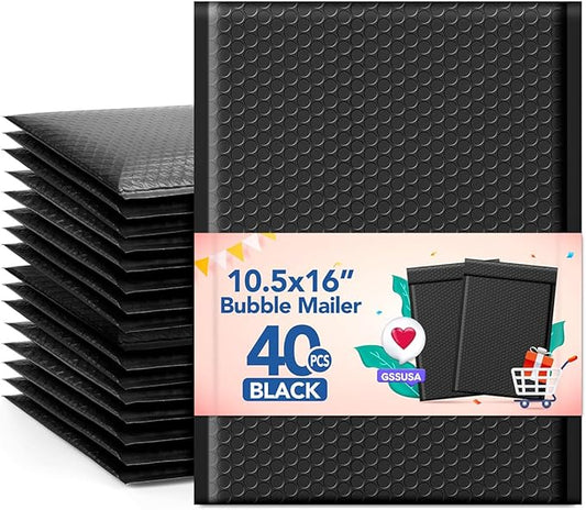 GSSUSA Large Bubble Mailers10.5x16 Padded Envelopes 40 Pack Black Padded Mailers Usable Size 10.5x15" Self-Seal Bubble Envelopes for Small Bubble Mailer,Packaging for Clothes,Magazines