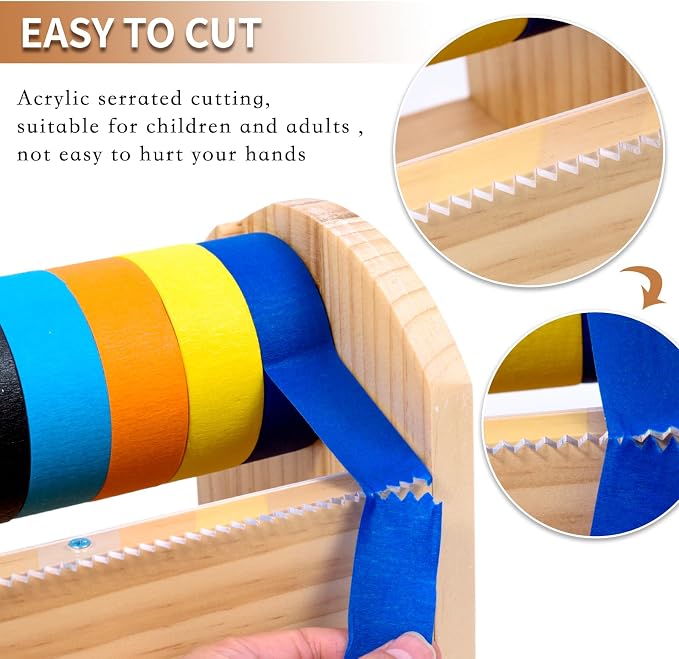 Kids Masking Tape Dispenser, Wooden Multi Roll Craft Tape Dispenser, Washi Tape Holder Organizer, Cutter for Gift Wrapping, Gift for Children Office Home School, Acrylic Serrated Cutter
