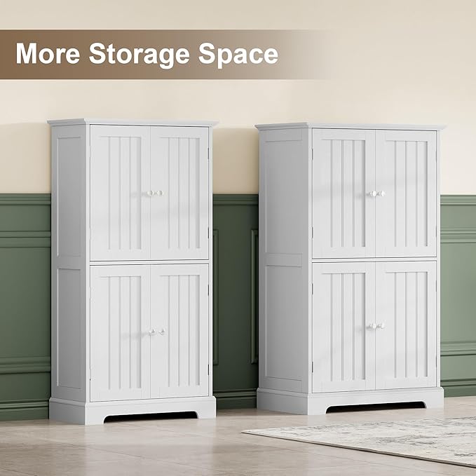 ChooChoo Bathroom Floor Cabinet with Adjustable Shelves | Bathroom Storage Cabinet, 4 Doors, Freestanding Cupboard for Living Room, Kitchen Pantry, White